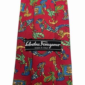 Salvatore Ferragamo Men's Tie Medieval Lions Red Satin Silk 3.75" (W) x 56" (L)